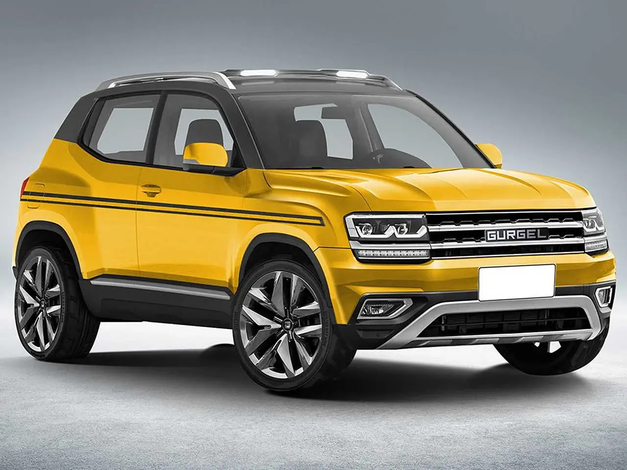A design rendering of a modern Gurgel compact SUV, front three-quarter view, in yellow.