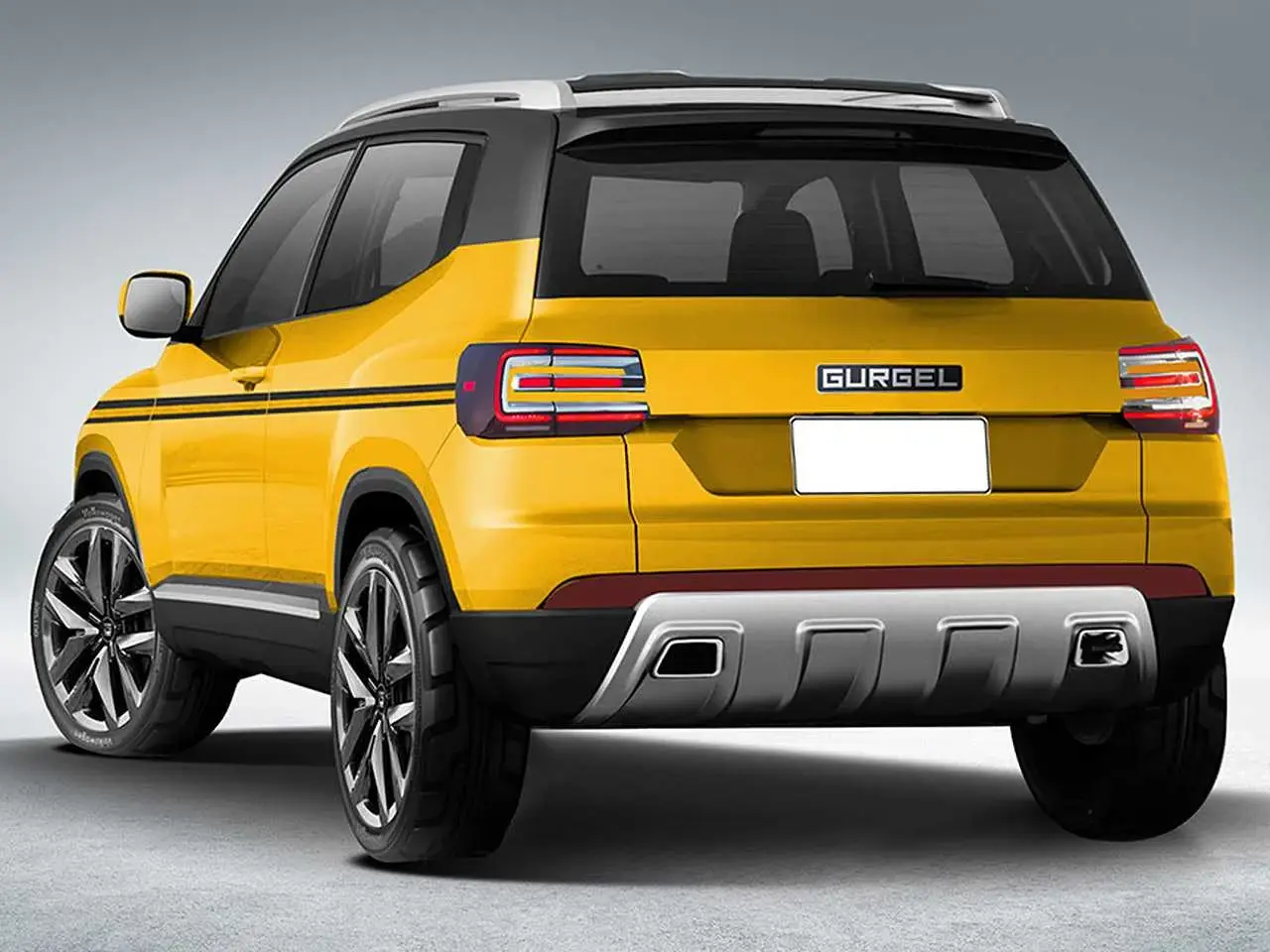 The same rendering of a modern Gurgel compact SUV, seen from the rear three-quarter.