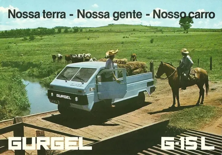 A 1981 Gurgel brochure for the G-15 L, showing the pickup on a farm track beside a man on horseback, under the line "Nossa terra - Nossa gente - Nosso carro".