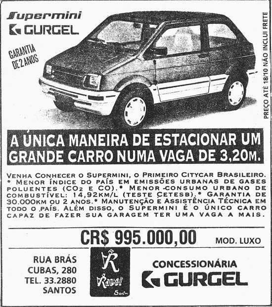A 1993 newspaper advertisement for the Gurgel Supermini, with the dealership address printed at the bottom.