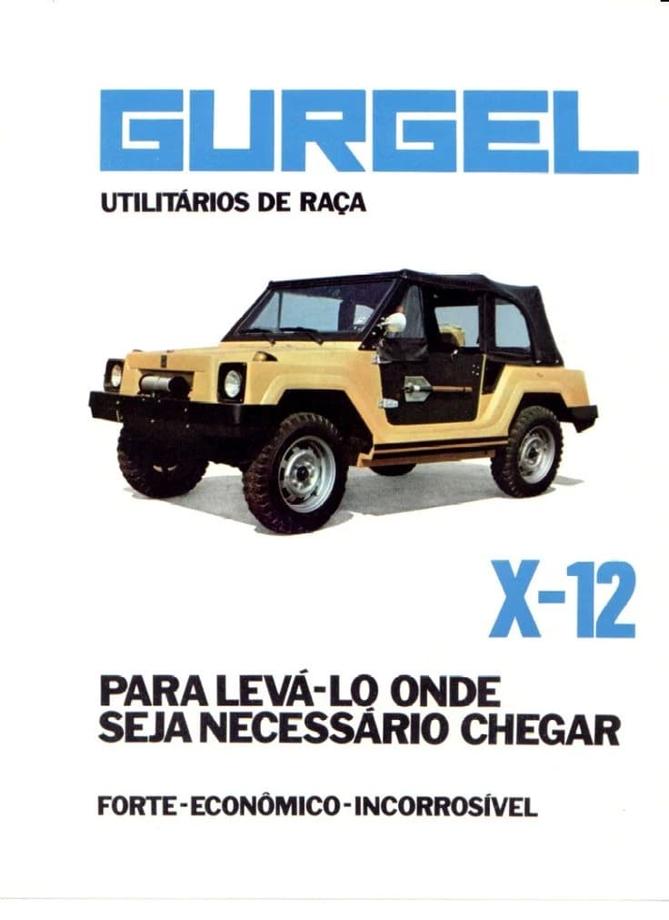 A Gurgel X-12 poster reading "utilitários de raça" and "para levá-lo onde seja necessário chegar".