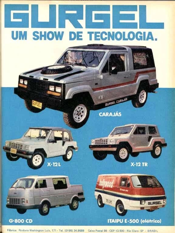 A Gurgel poster headed "um show de tecnologia", showing five models on one page, including the electric Itaipu E-500.