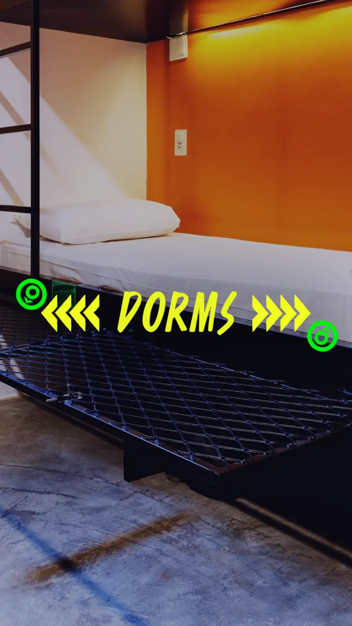 A shared dorm with bunk beds.